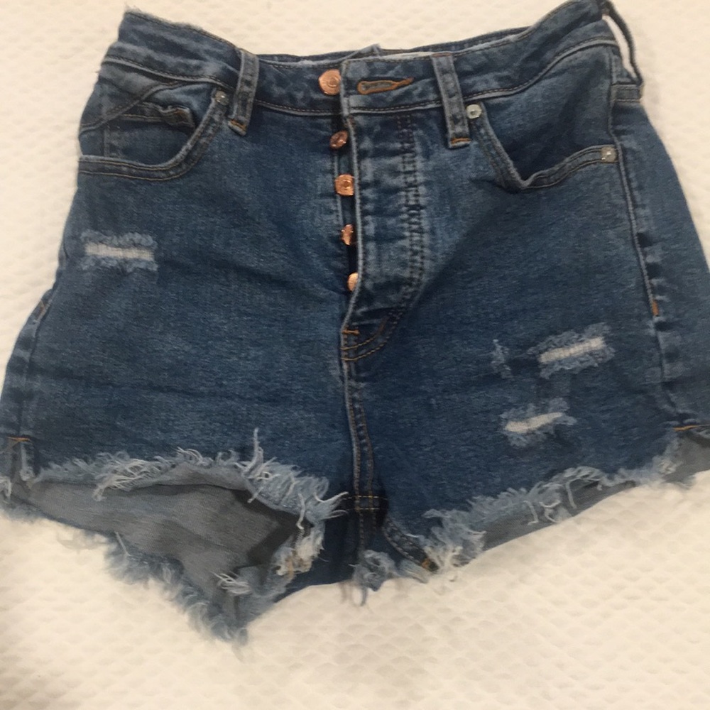 Free People women CRVY distress Denim Jean Shorts button fly fringe hem size 25